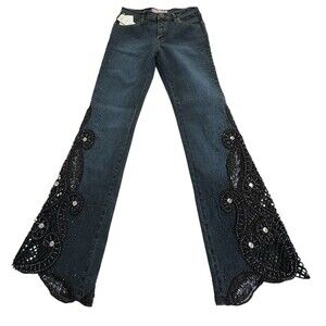 Sassy Thai Jeans 6 Embellished Beads Black Lace Dark Wash Stretch NWT